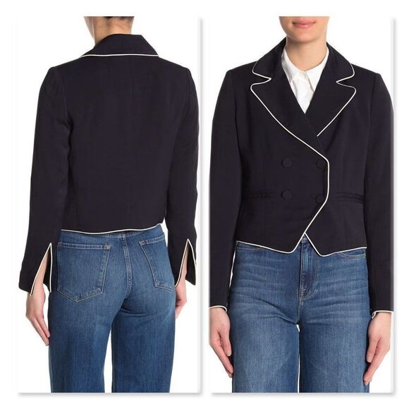 FRAME Contrast Piping Cropped Blazer sz 6 in Navy - Picture 1 of 12